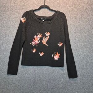 Wyld Hart Embroidered Lrg Sweater With Hummingbirds & Flowers chic cottagecore